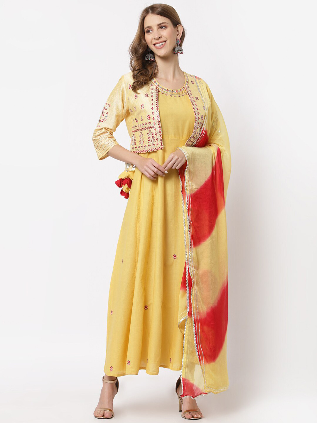 

YELLOW CLOUD Floral Embroidered Fit & Flare Ethnic Dress With Jacket & Dupatta