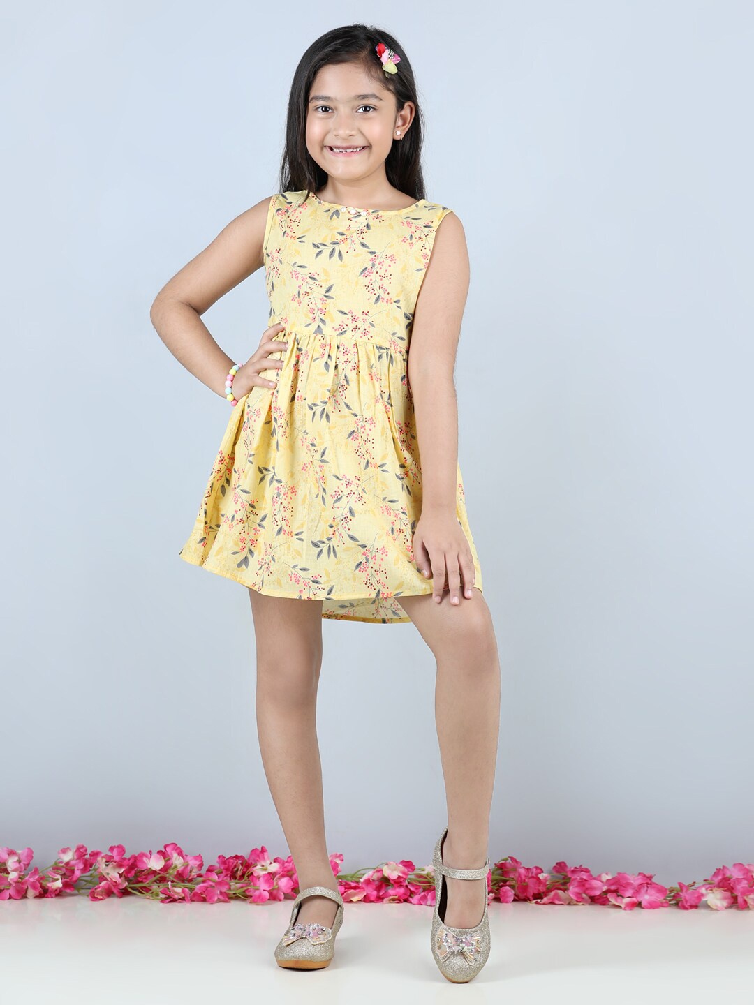 

Cutiekins Girls Floral Printed Gathered Sleeveless Cotton A-Line Dress, Yellow