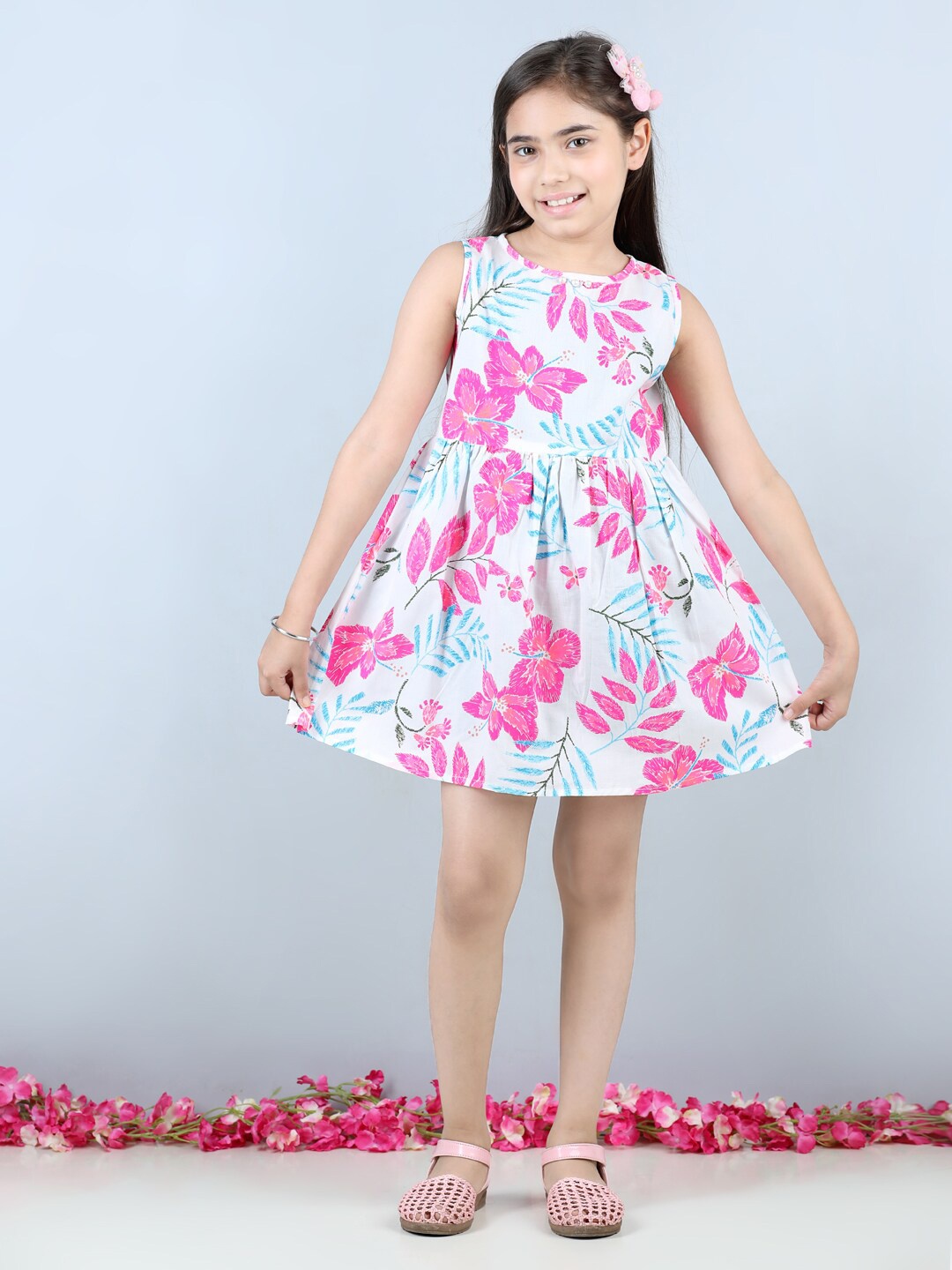 

Cutiekins Girls Floral Printed Gathered Sleeveless Cotton A-Line Dress, White