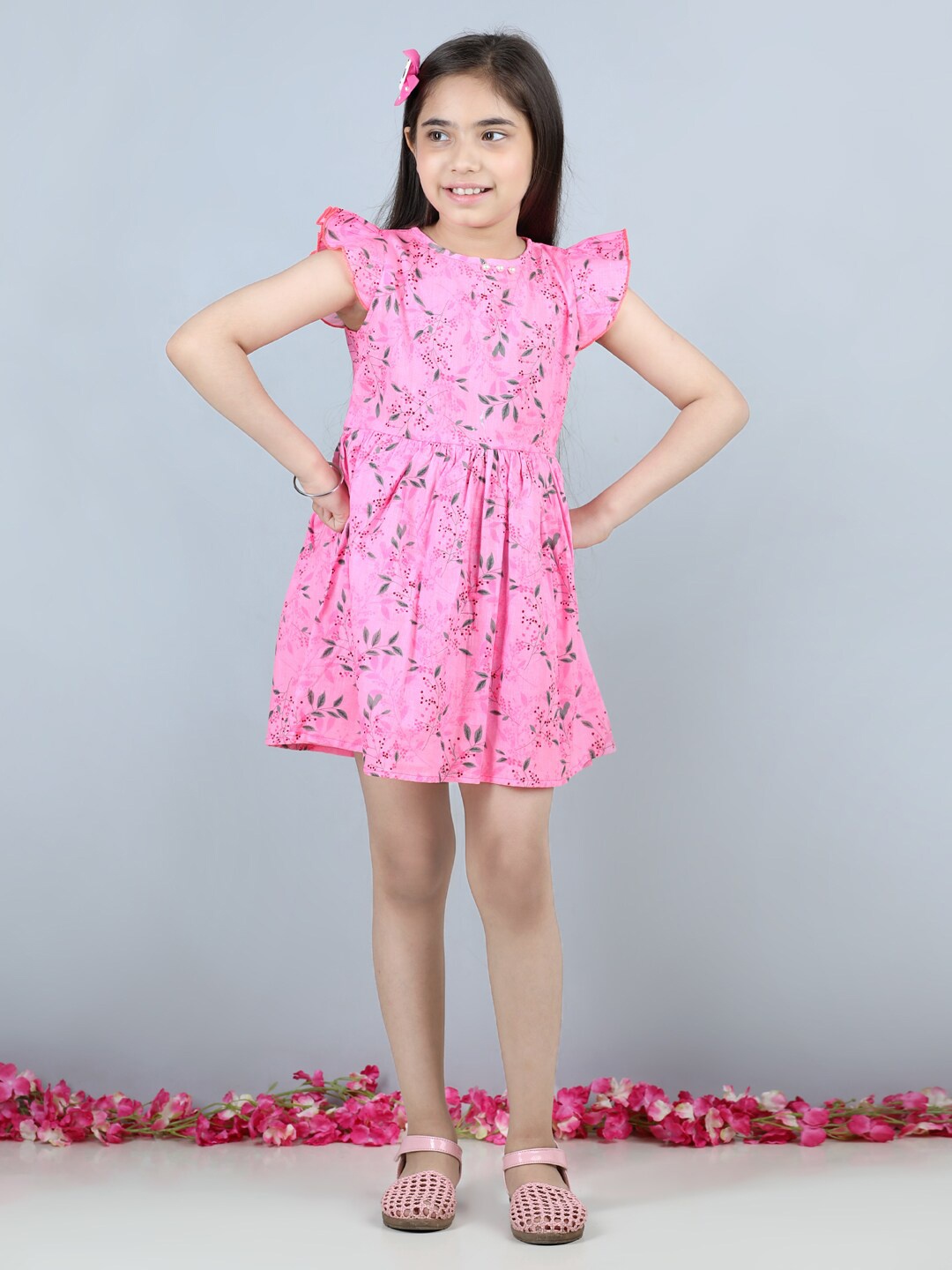 

Cutiekins Girls Floral Printed Gathered Ruffle Detail Cotton A-Line Dress, Pink
