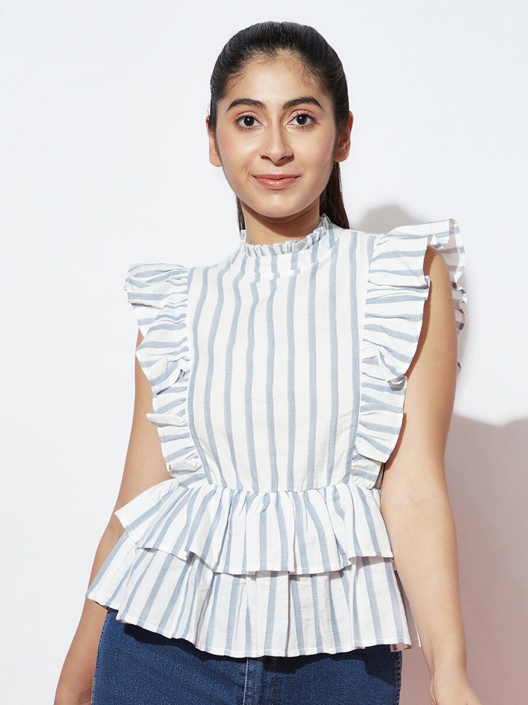 

SPUNKIES Girls Vertical Striped High Neck Ruffled Peplum Top, Blue