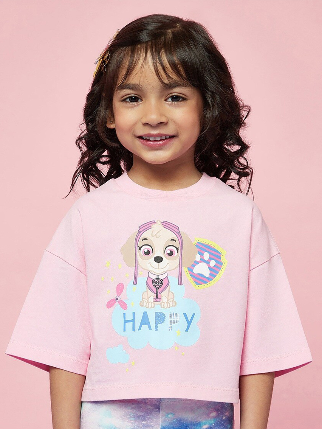 

SPUNKIES Girls Humour & Comic Printed Drop-Shoulder Sleeves Cotton Crop T-shirt, Pink