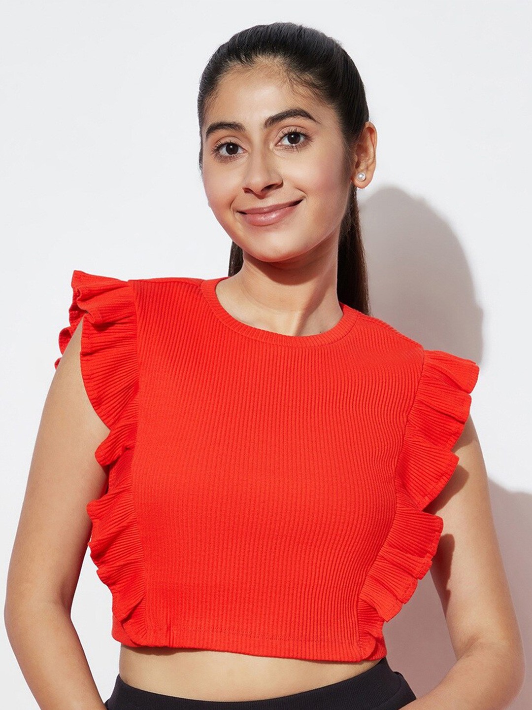 

SPUNKIES Red Flutter Sleeve Cotton Chiffon Crop Top