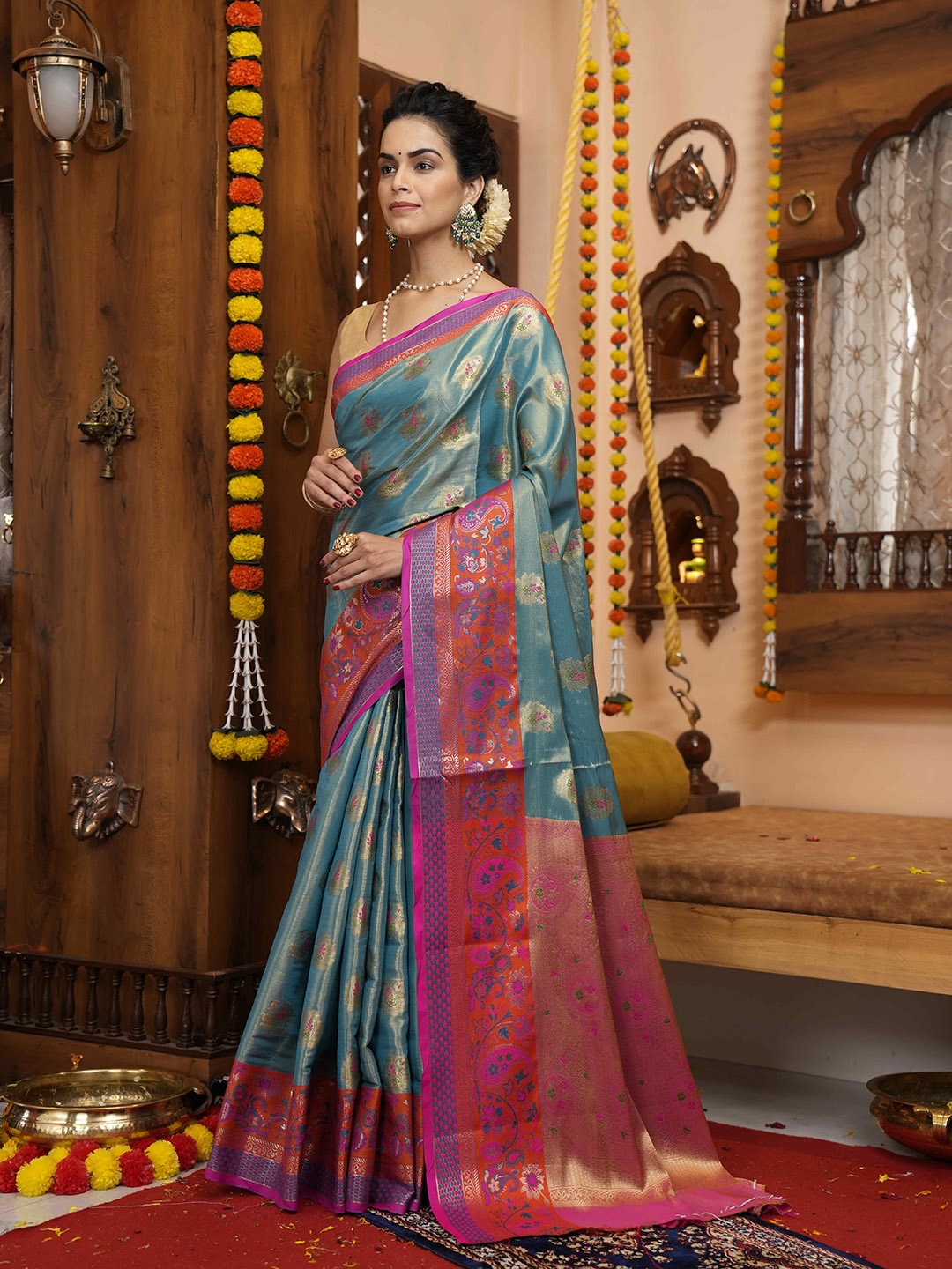 

elora Blue & Pink Woven Design Zari Silk Blend Bhagalpuri Saree