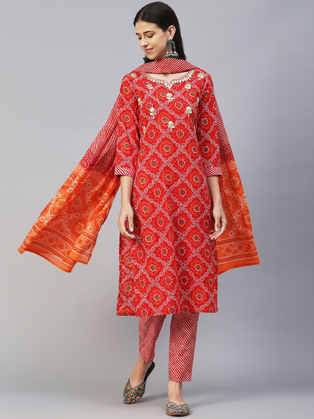 

FASHOR Red & White Bandhani Printed Gotta Patti Pure Cotton Kurta With Trousers & Dupatta
