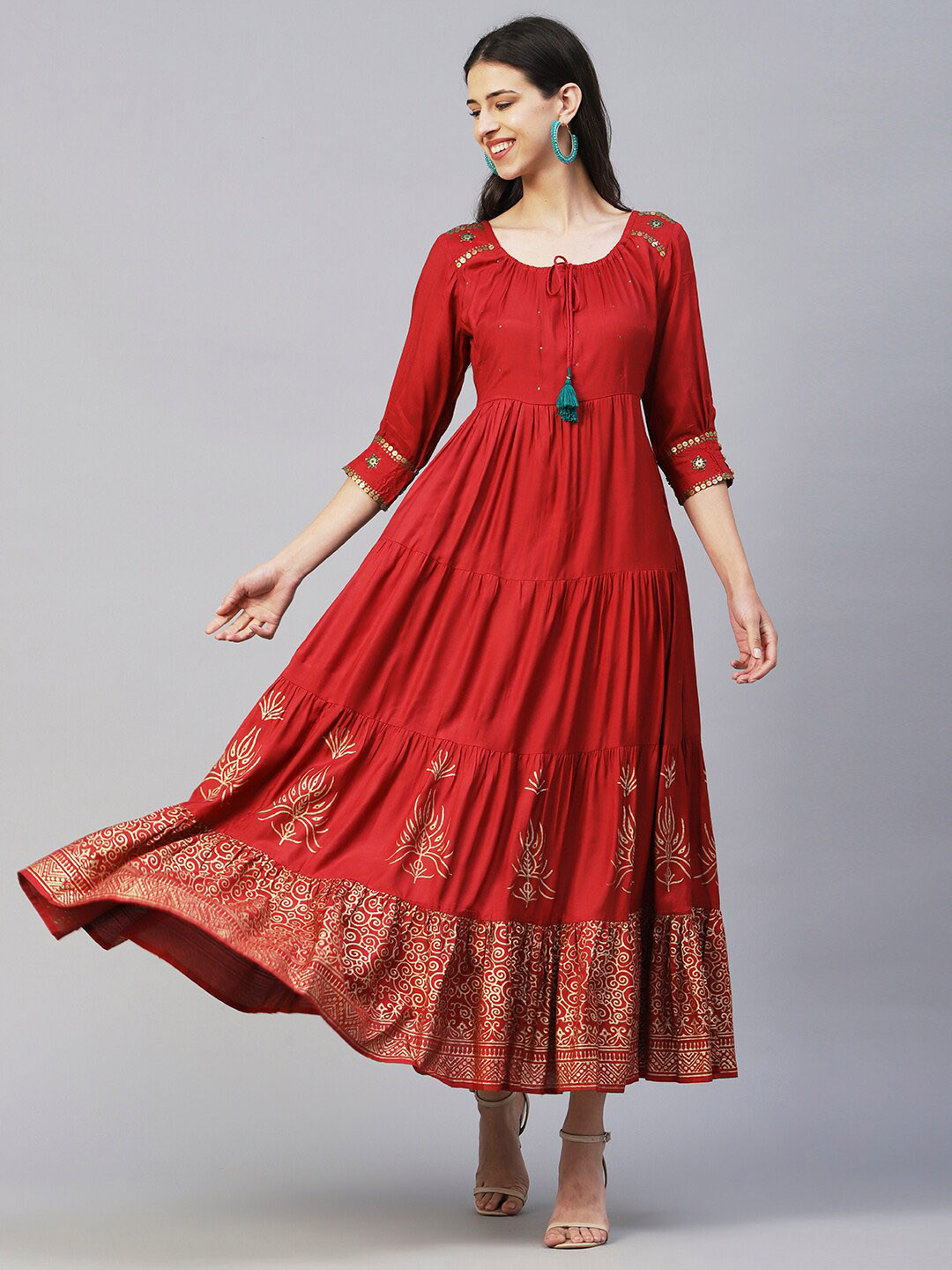 

FASHOR Maroon Ethnic Motifs Printed Tie Up Neck Tiered Maxi Ethnic Dress