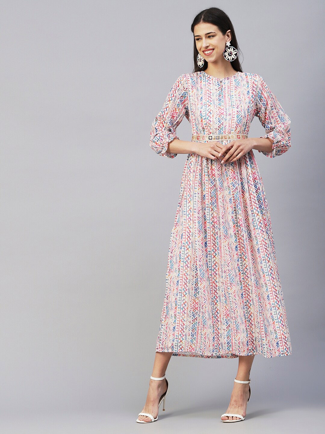 

FASHOR Pink & Blue Geometric Printed Keyhole Neck Maxi Ethnic Dress