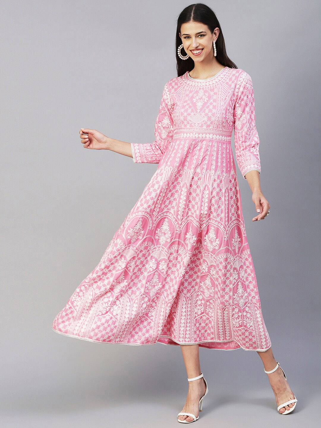 

FASHOR Pink & White Ethnic Motifs Embroidered Cotton Maxi Dress