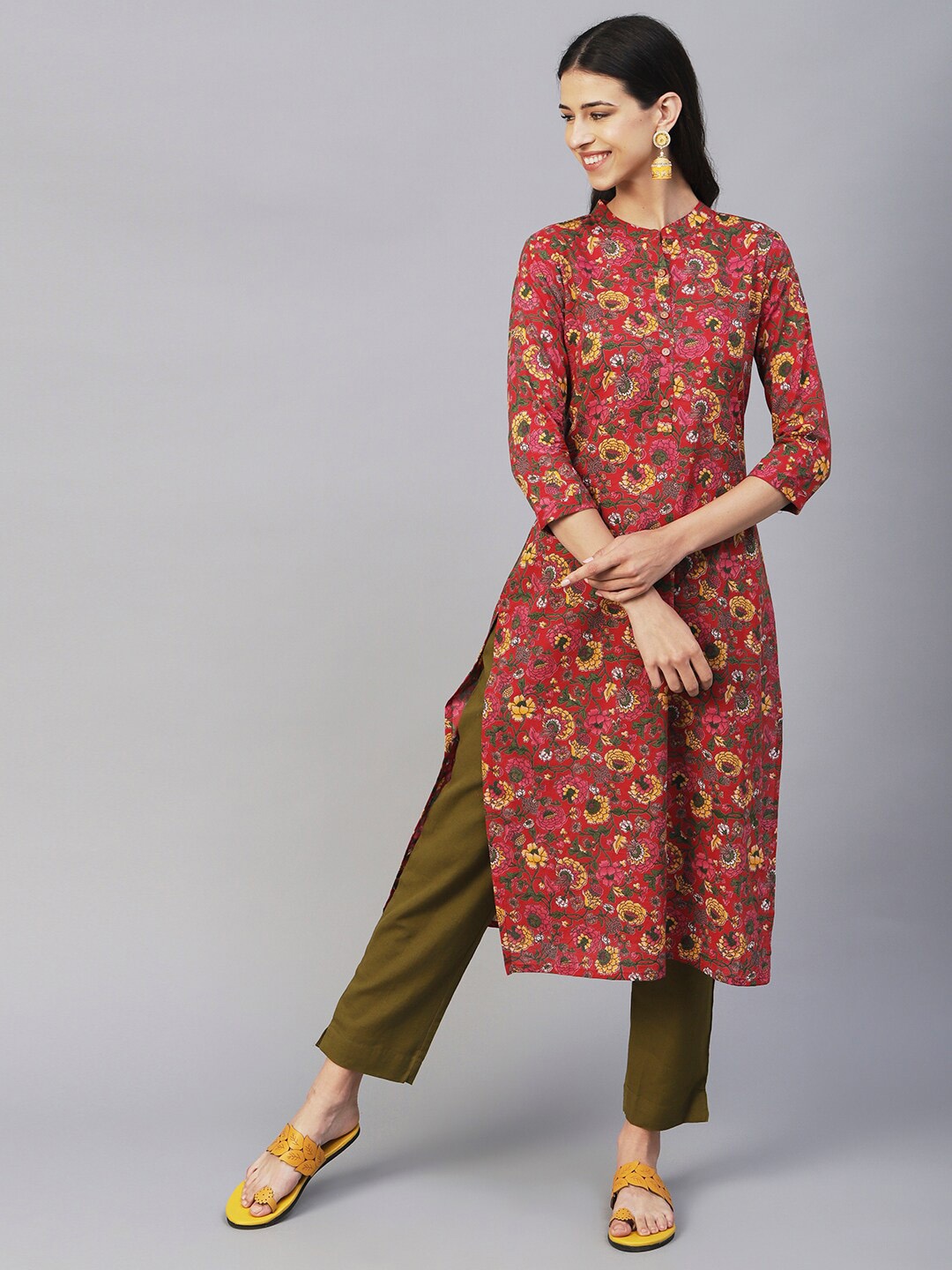 

FASHOR Red & Mustard Yellow Floral Printed Mandarin Collar Cotton Kurta