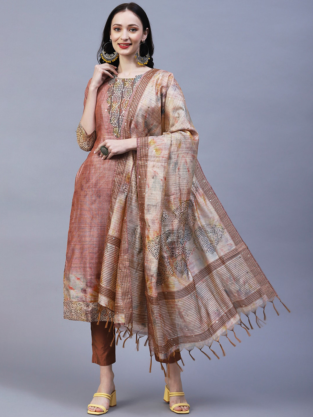 

FASHOR Brown & Beige Ethnic Motifs Printed Sequinned Kurta With Trousers & Dupatta