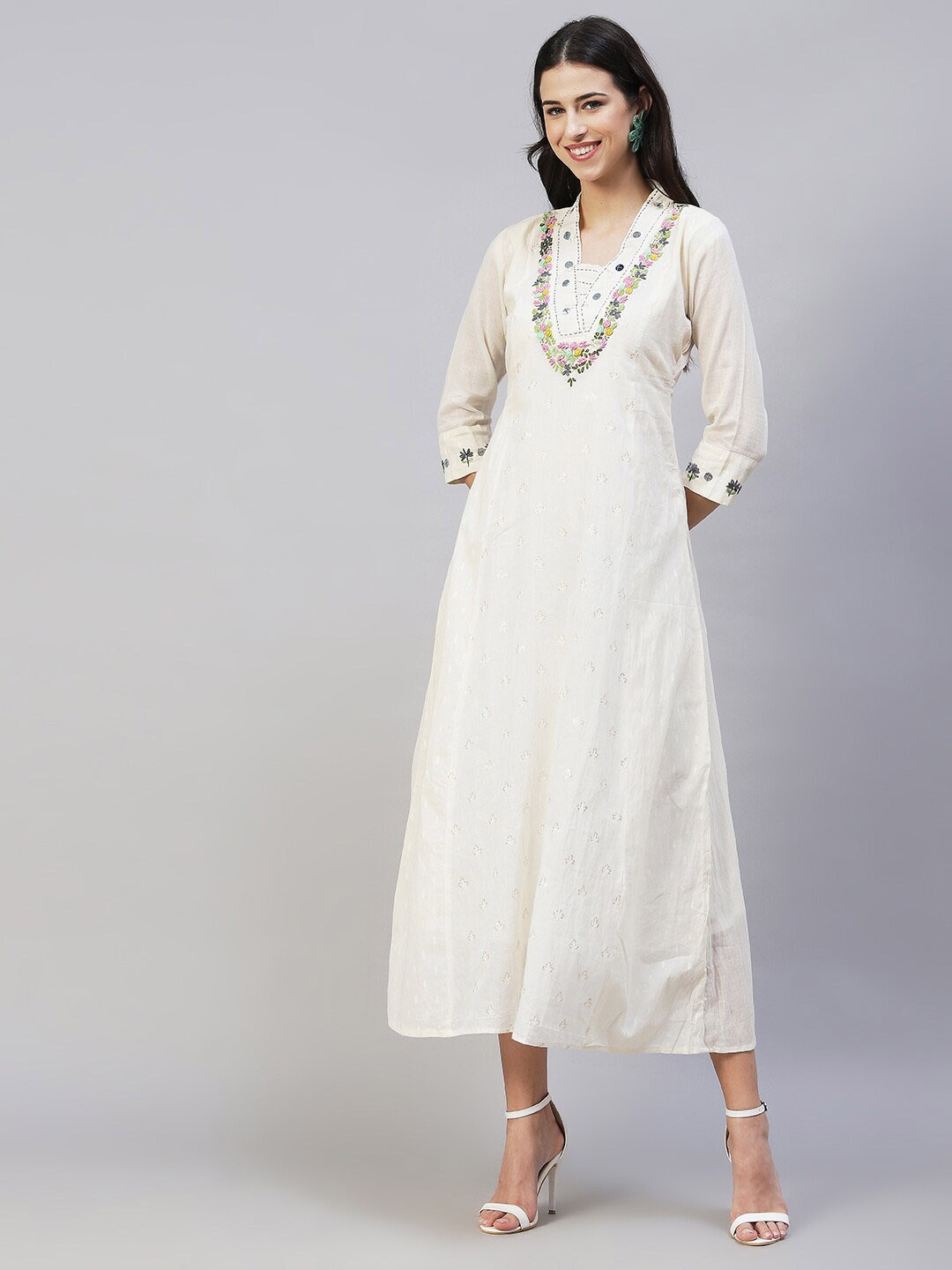 

FASHOR Off White Embroidered Cotton A-Line Midi Dress