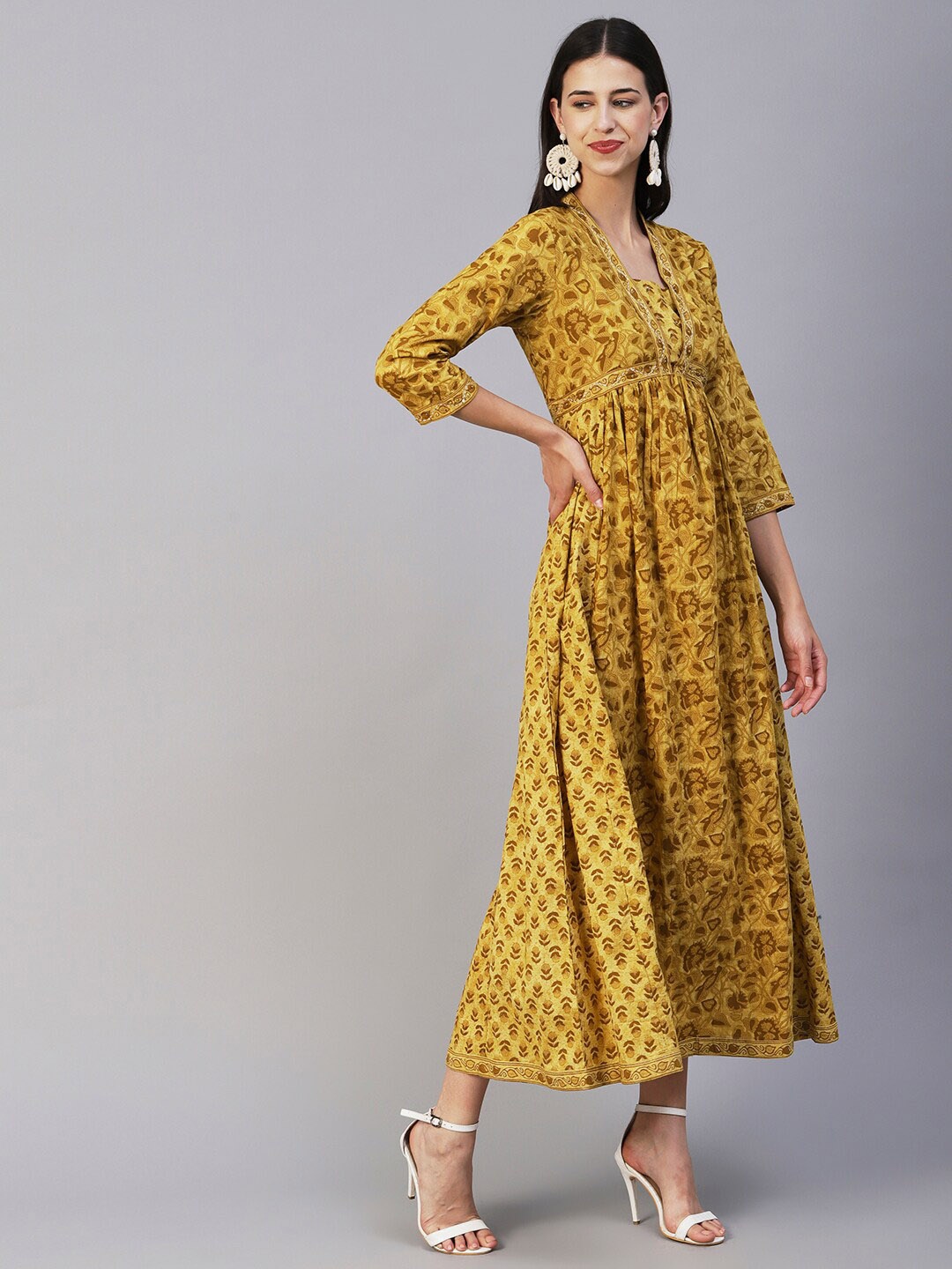 

FASHOR Mustard Ethnic Motifs Printed Gathered Maxi Empire Dress