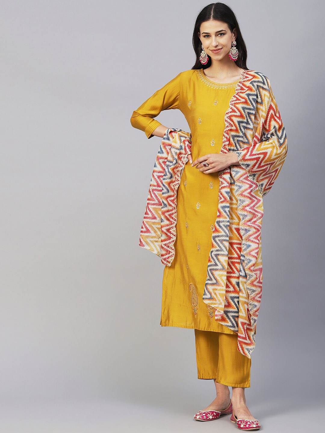 

FASHOR Mustard Yellow & Silver Embroidered Sequinned Kurta With Trousers & Dupatta
