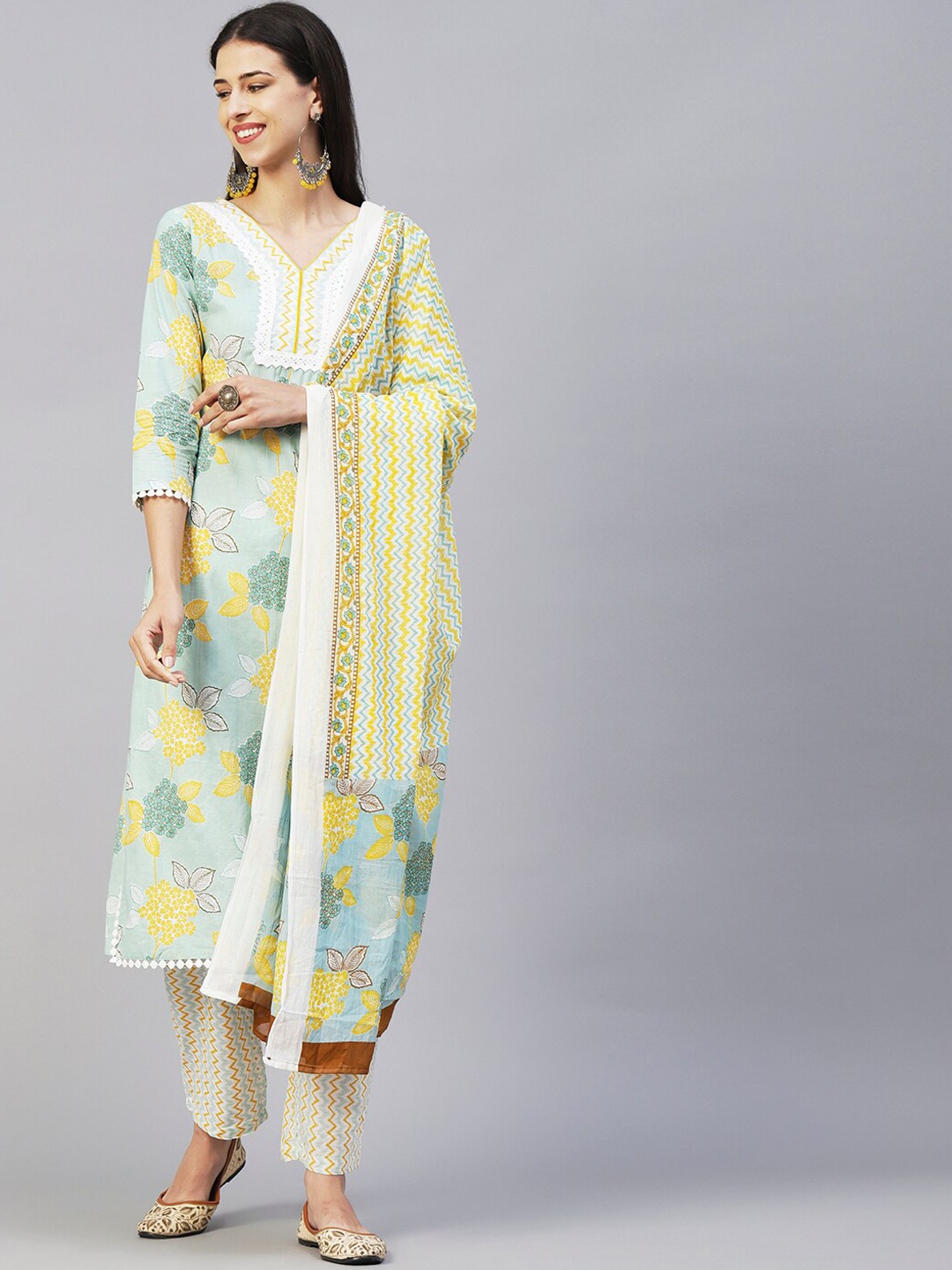 

FASHOR Sea Green & Yellow Floral Printed V Neck Pure Cotton Kurta With Trousers & Dupatta