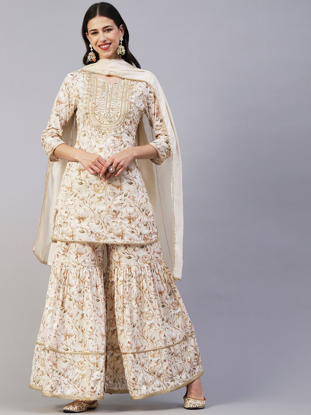 

FASHOR Cream-Coloured & White Printed Sequinned Pure Cotton Kurti With Sharara & Dupatta