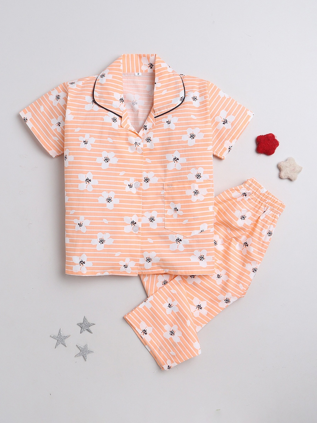 

The Magic Wand Kids Floral Printed Pure Cotton Night Suit, Orange
