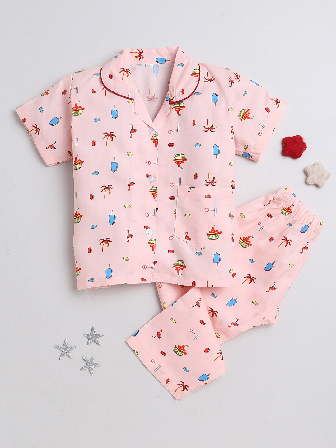 

The Magic Wand Unisex Kids Peach-Coloured & Red Printed Night suit