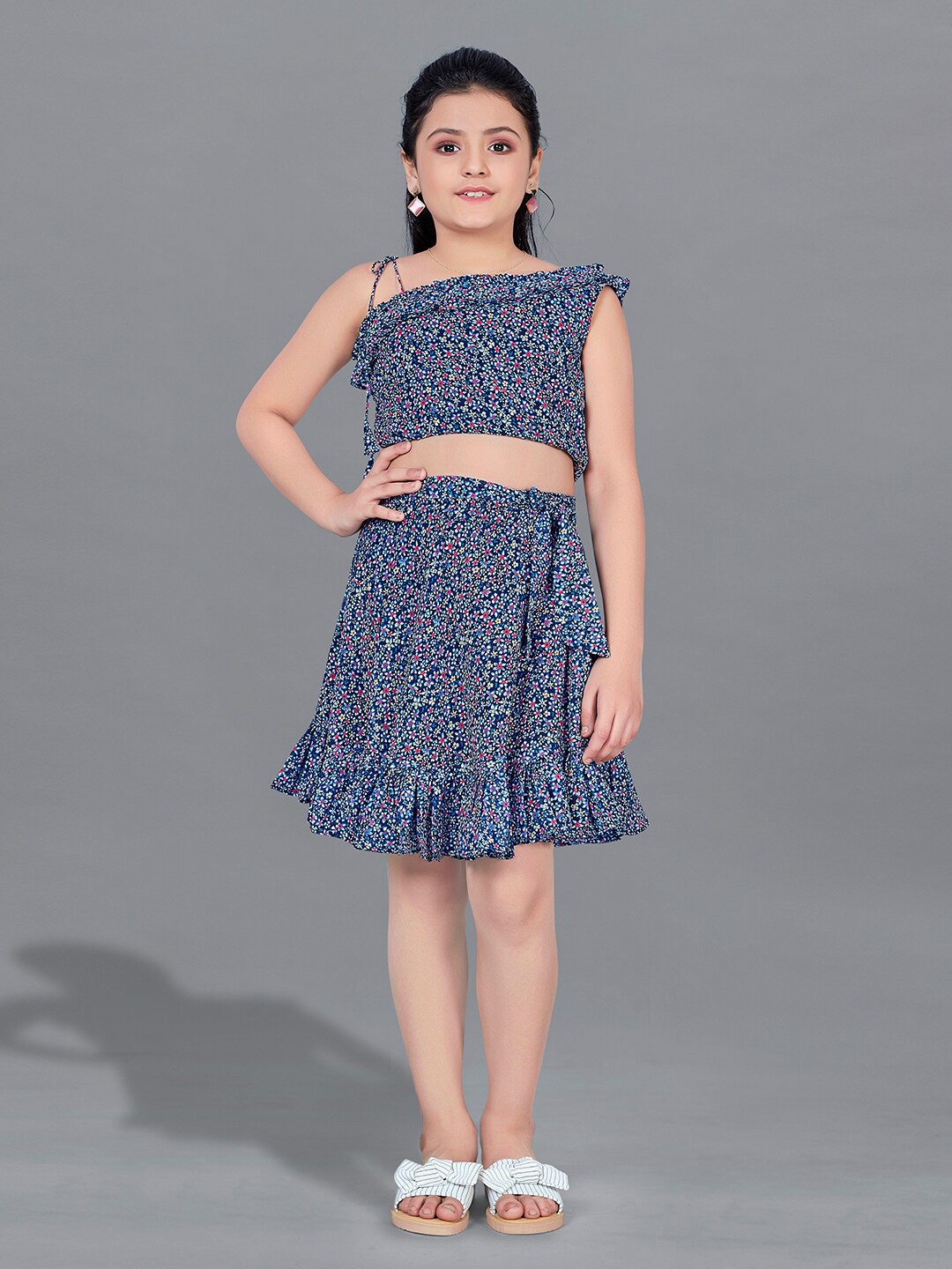 

FASHION DREAM Girls Printed One Shoulder Top with Skirt, Navy blue