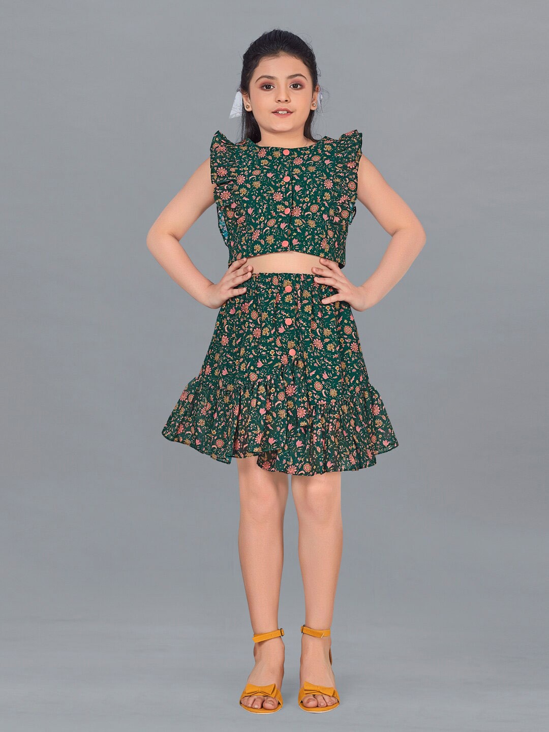 

FASHION DREAM Girls Printed Top with Asymmetric Skirt, Green
