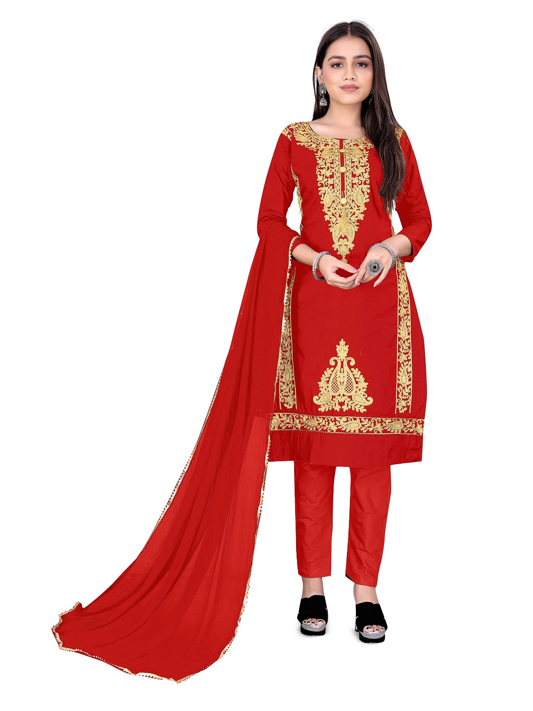 

Winza Designer Ethnic Motif Embroidered Unstitched Dress Material, Red