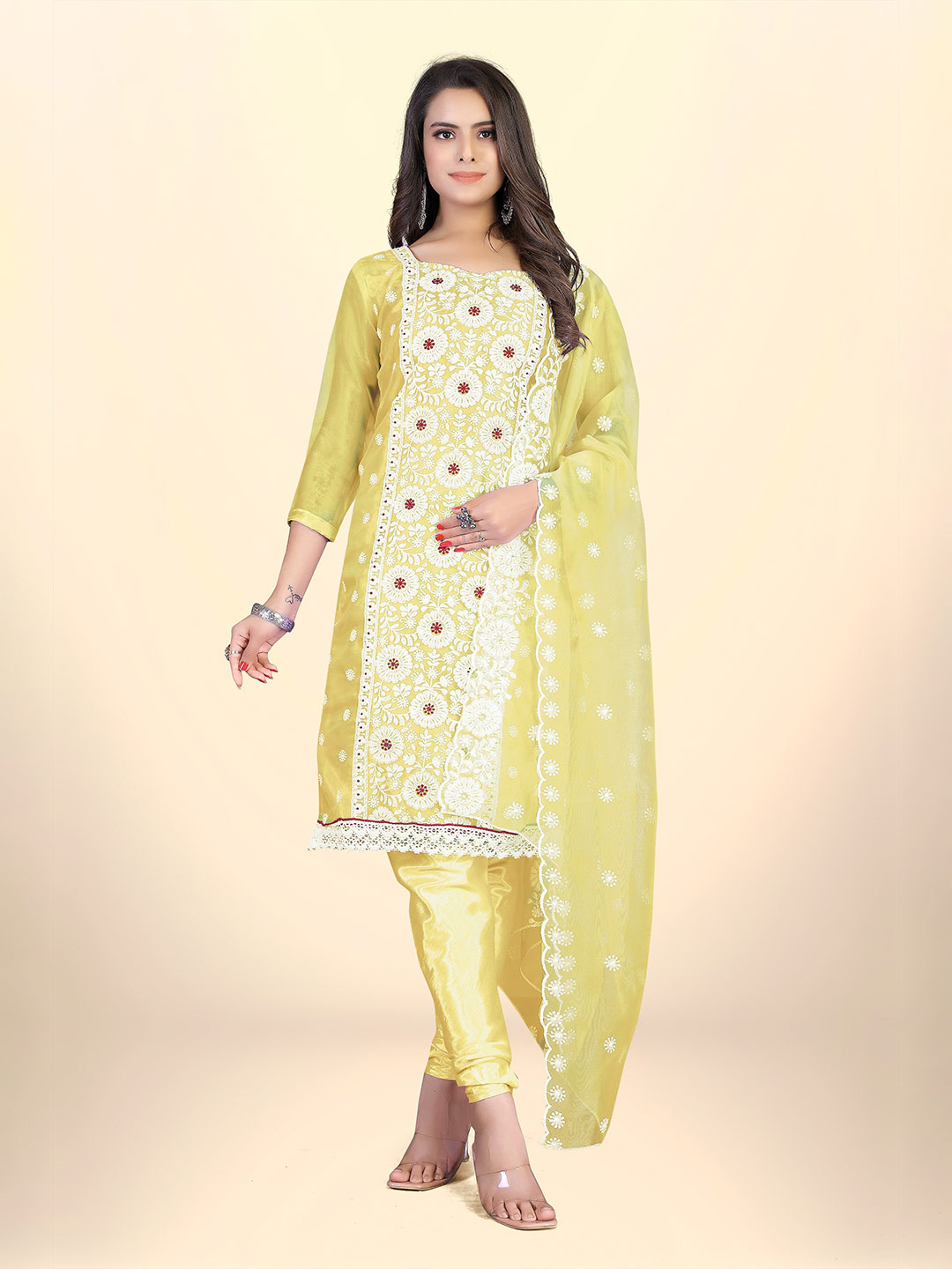 

Winza Designer Floral Embroidered Organza Unstitched Dress Material, Yellow