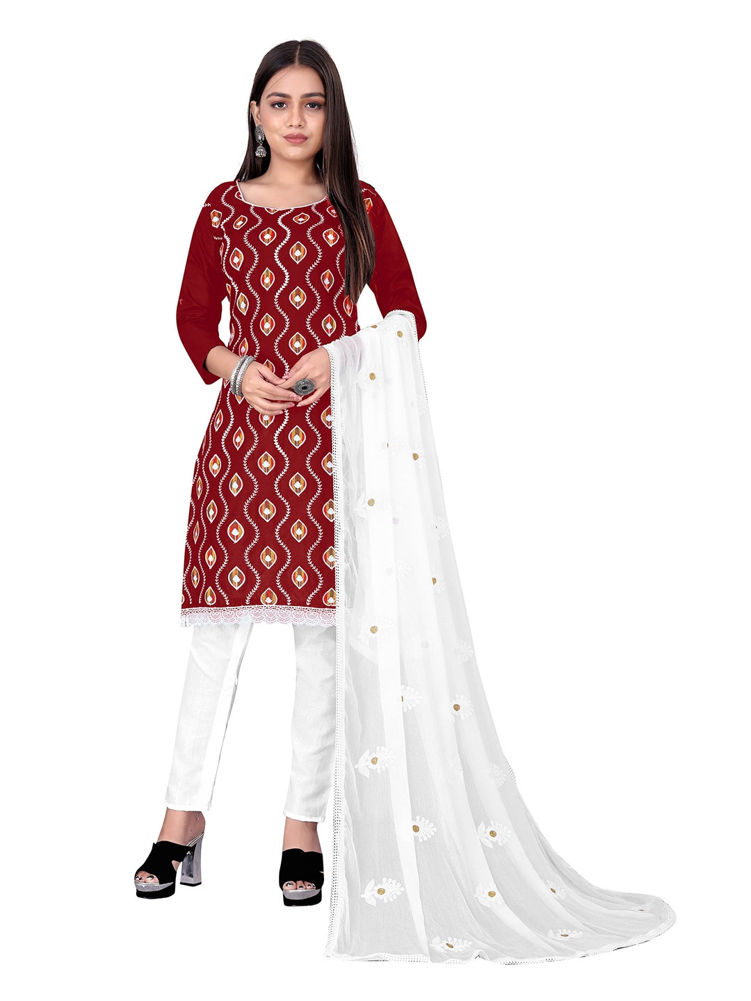 

Winza Designer Embroidered Cotton Unstitched Dress Material, Maroon