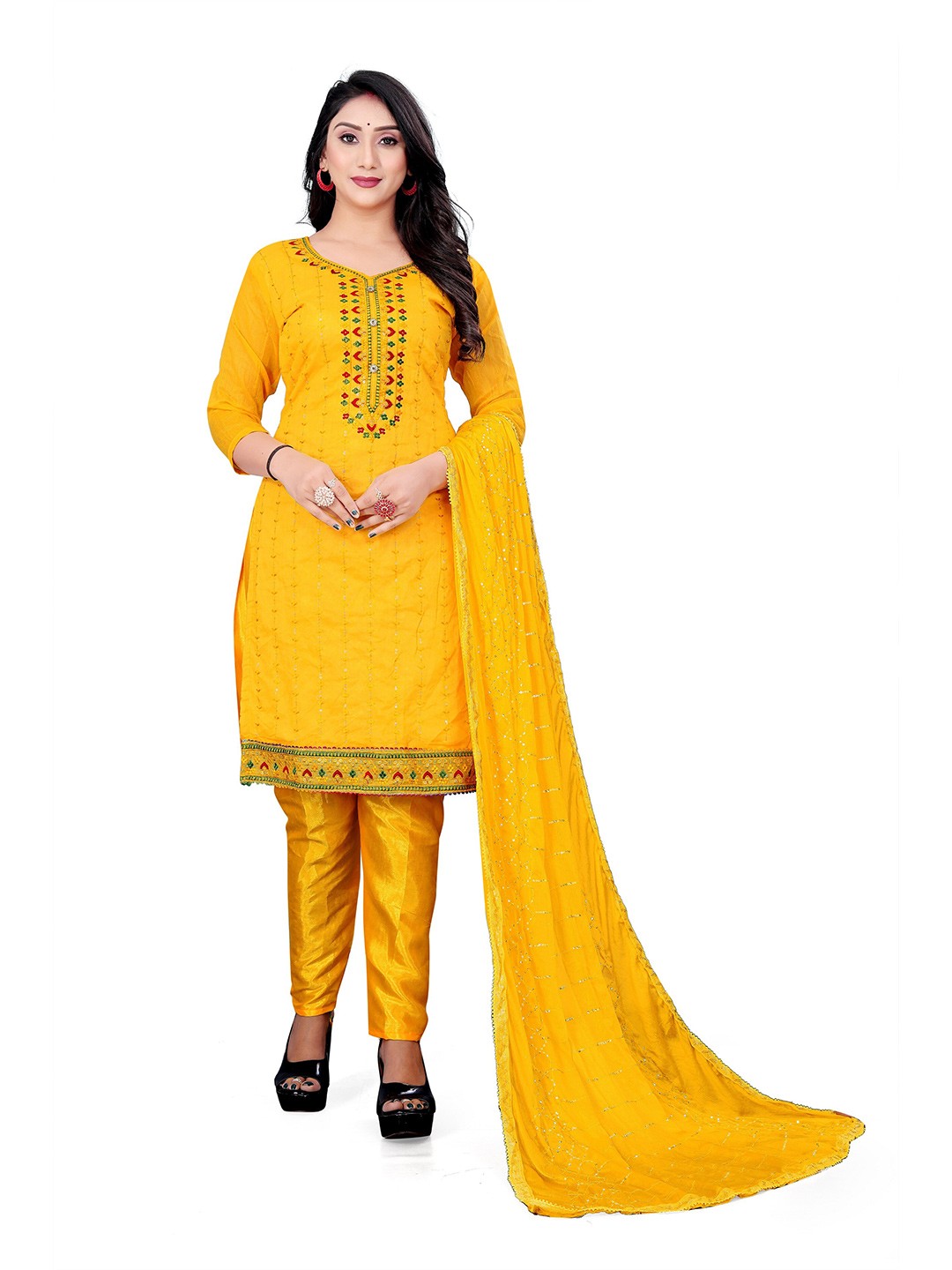 

Winza Designer Embroidered Chanderi Cotton Unstitched Dress Material, Mustard