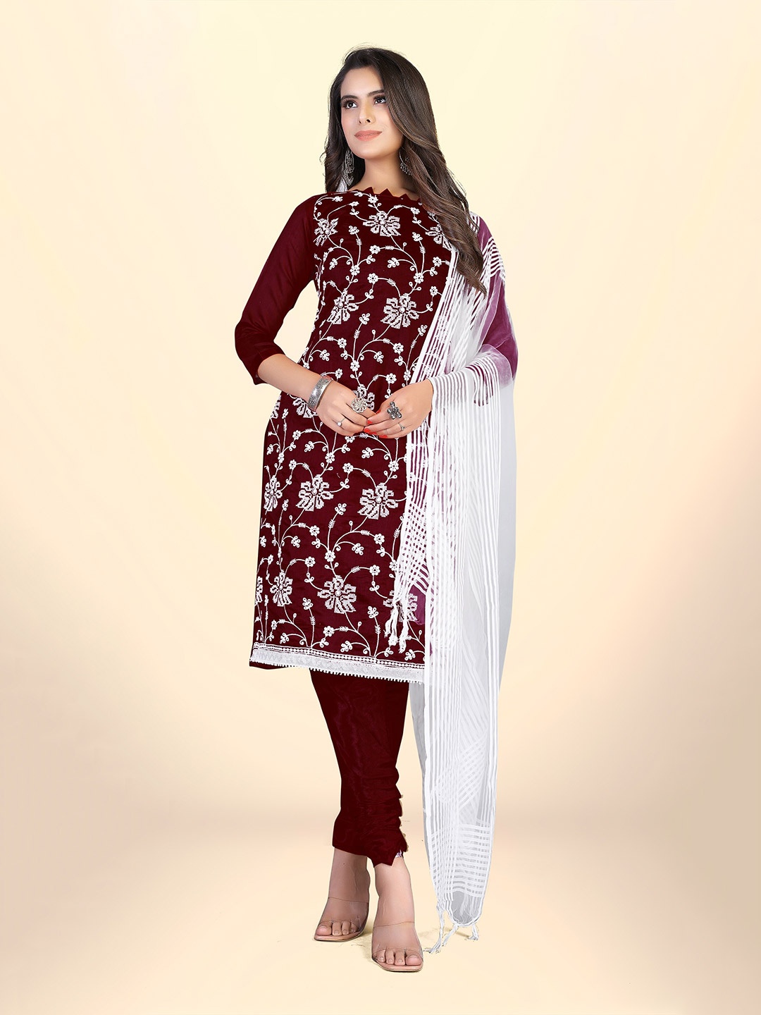 

Winza Designer Floral Printed Unstitched Dress Material, Burgundy