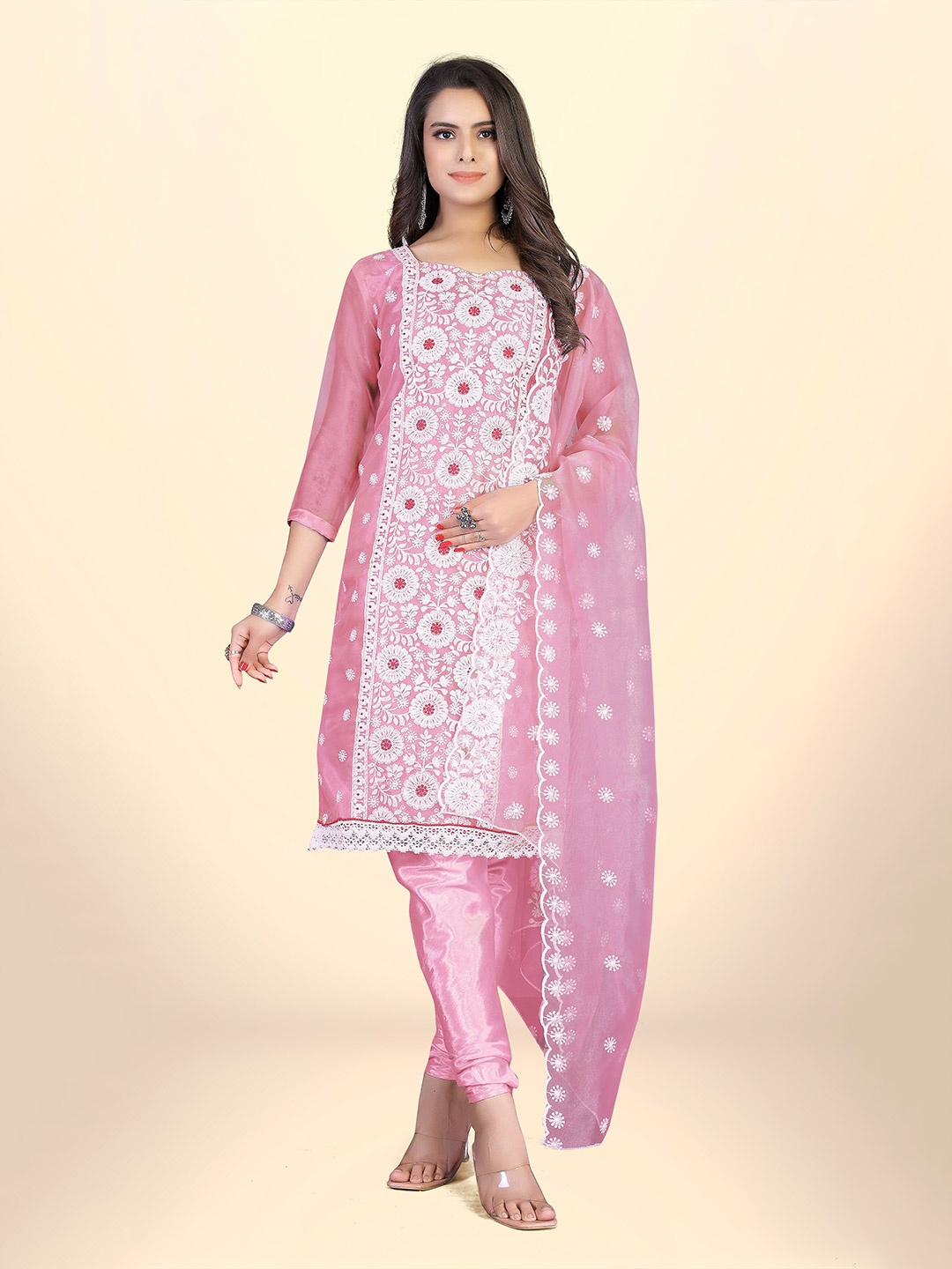 

Winza Designer Embroidered Organza Unstitched Dress Material, Pink