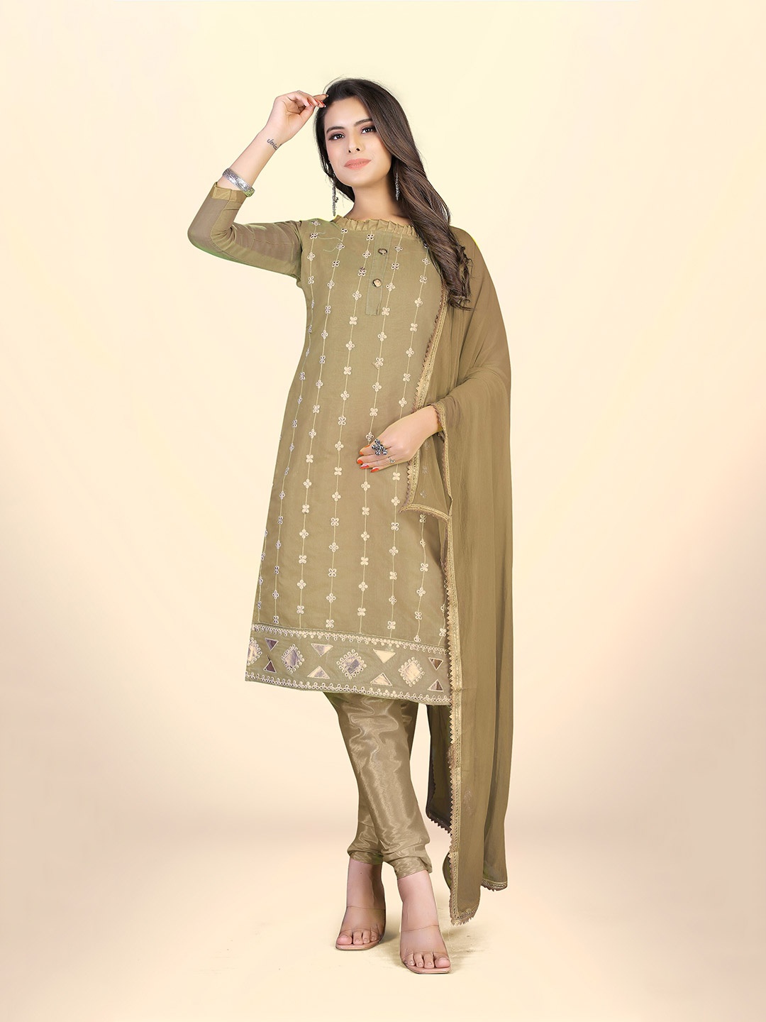 

Winza Designer Floral Embroidered Unstitched Dress Material, Khaki