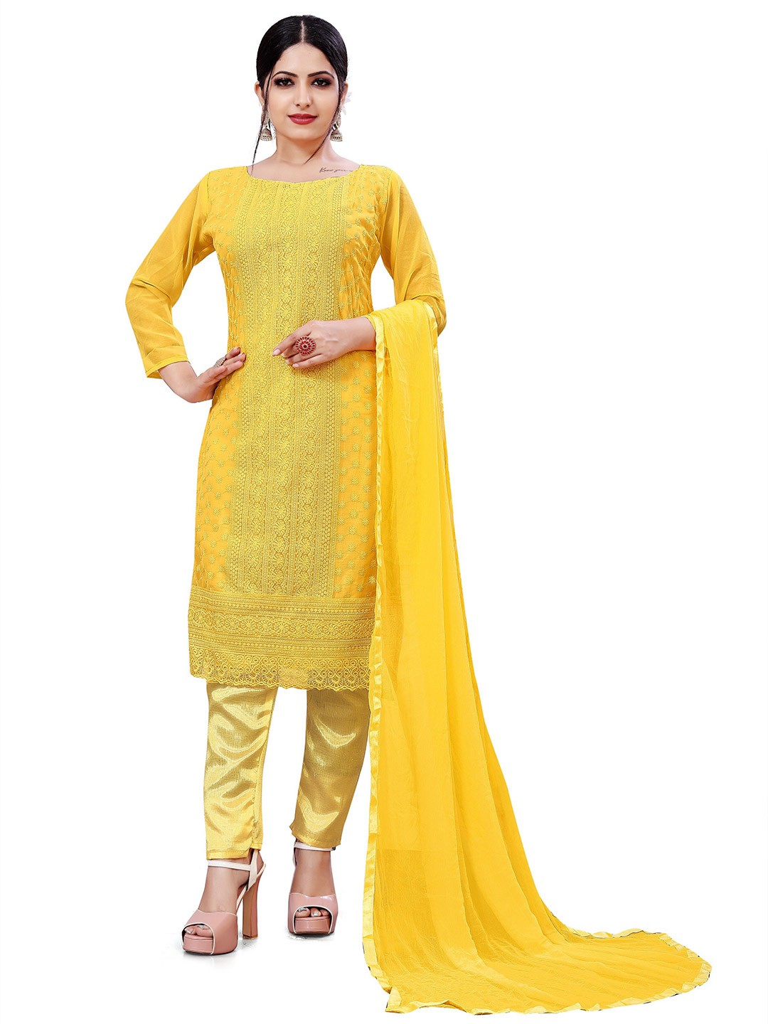 

Winza Designer Embroidered Georgette Unstitched Dress Material, Yellow