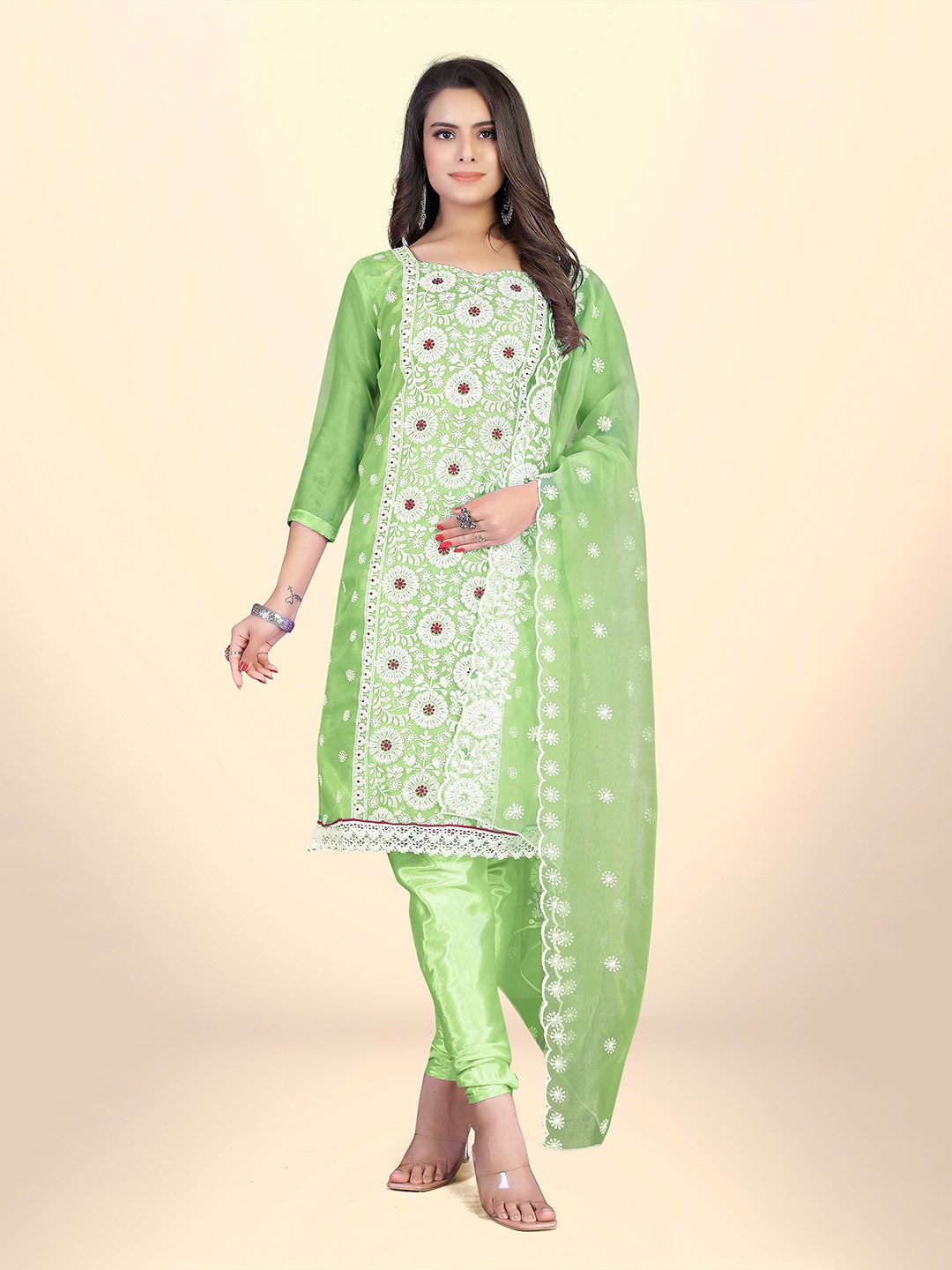 

Winza Designer Embroidered Organza Unstitched Dress Material, Green