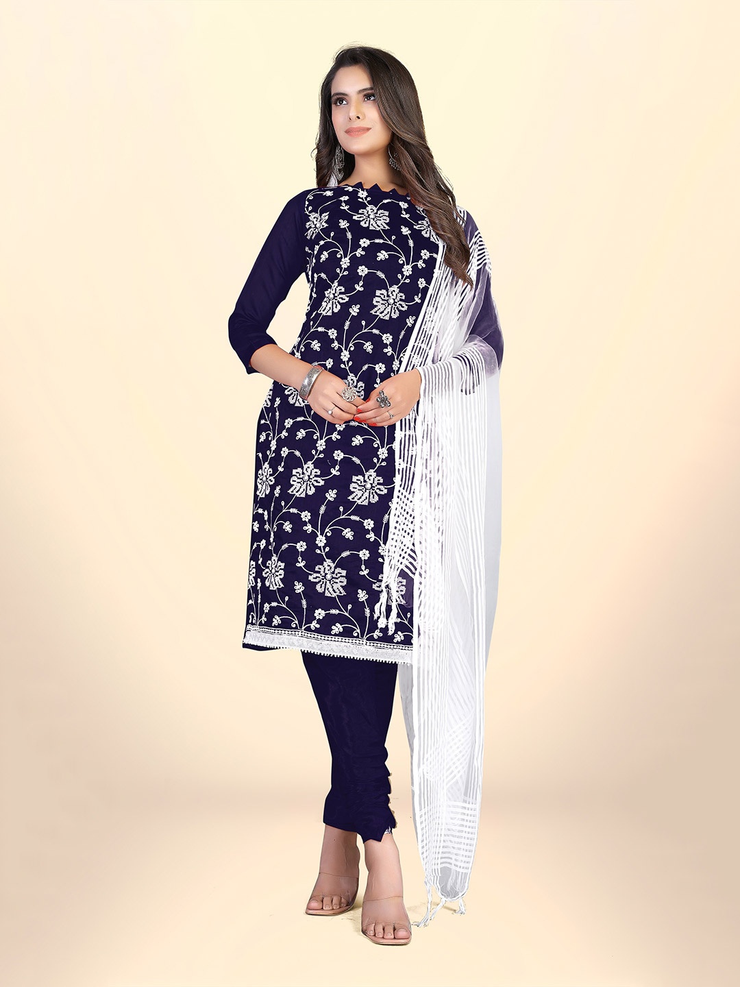 

Winza Designer Navy Blue & White Printed Unstitched Dress Material