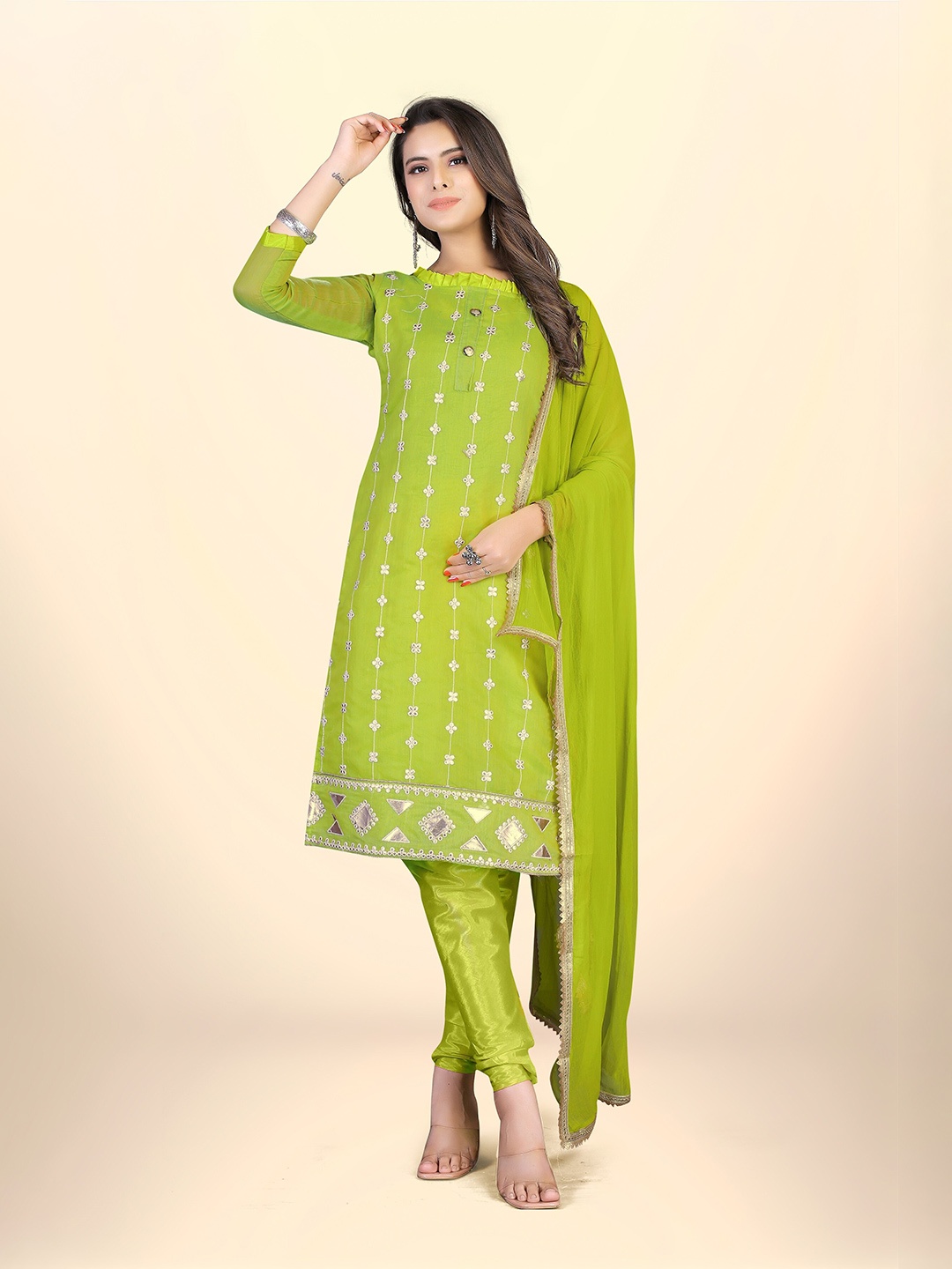 

Winza Designer embroidered Chanderi Cotton Unstitched Dress Material, Lime green