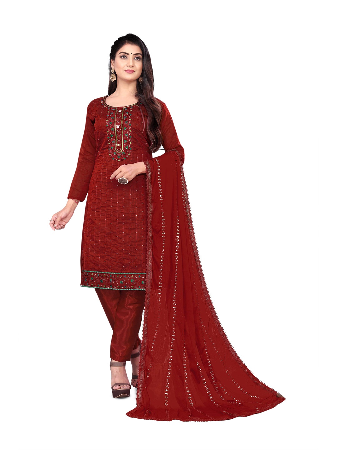 

Winza Designer Embroidered Chanderi Cotton Unstitched Dress Material, Maroon