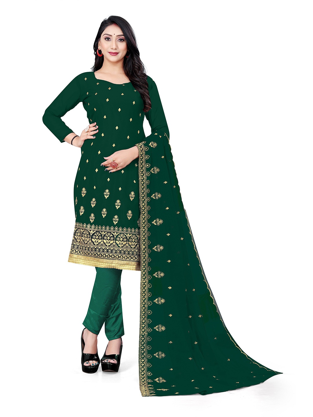 

Winza Designer Green & Gold-Toned Embroidered Unstitched Dress Material