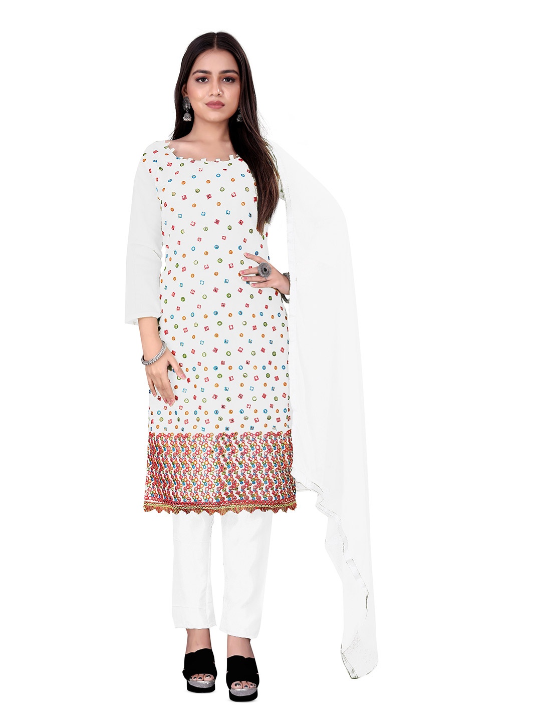 

Winza Designer Embroidered Mirror Work Unstitched Dress Material, White