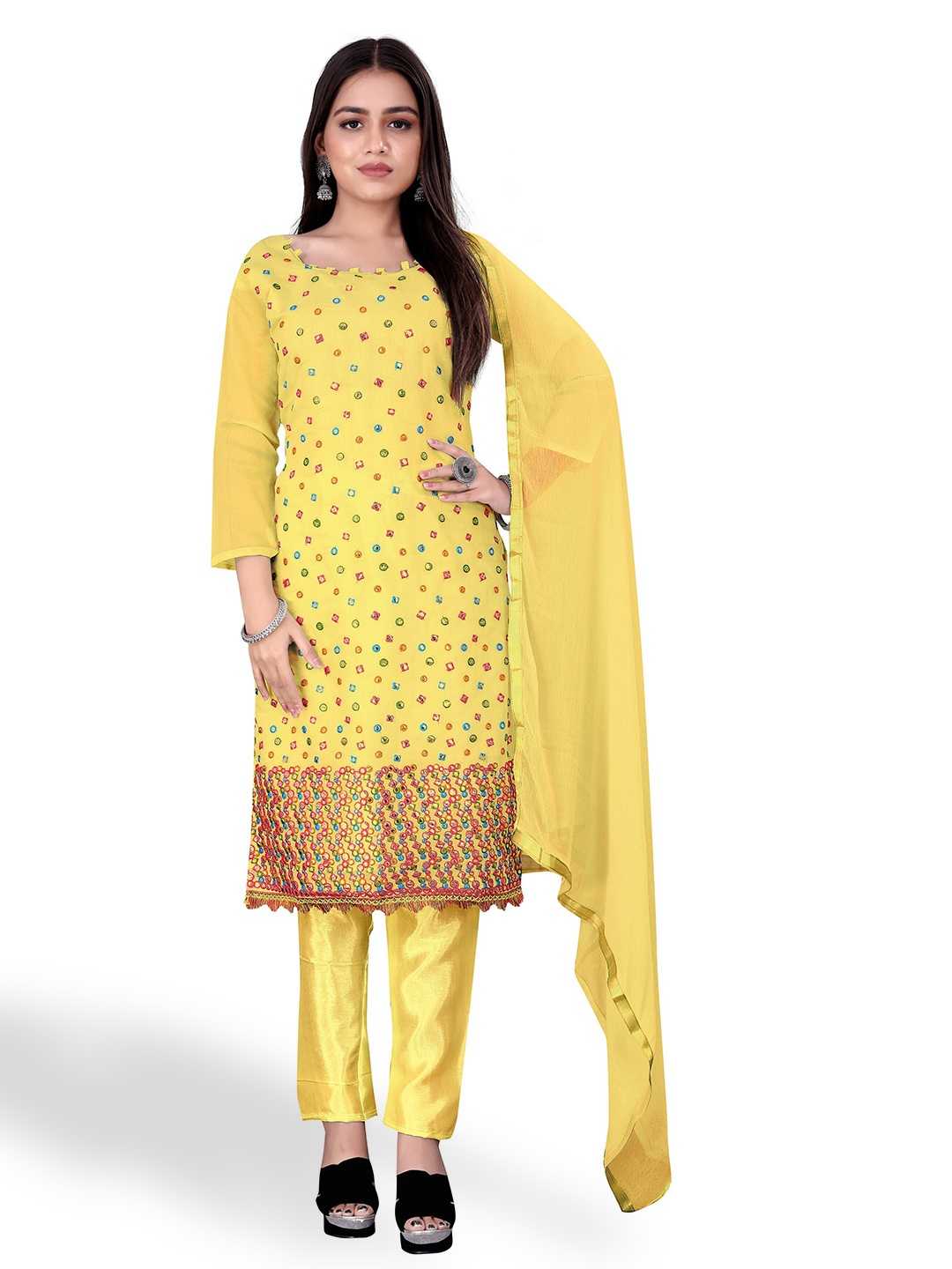 

Winza Designer Geometric Embroidered Unstitched Dress Material, Yellow