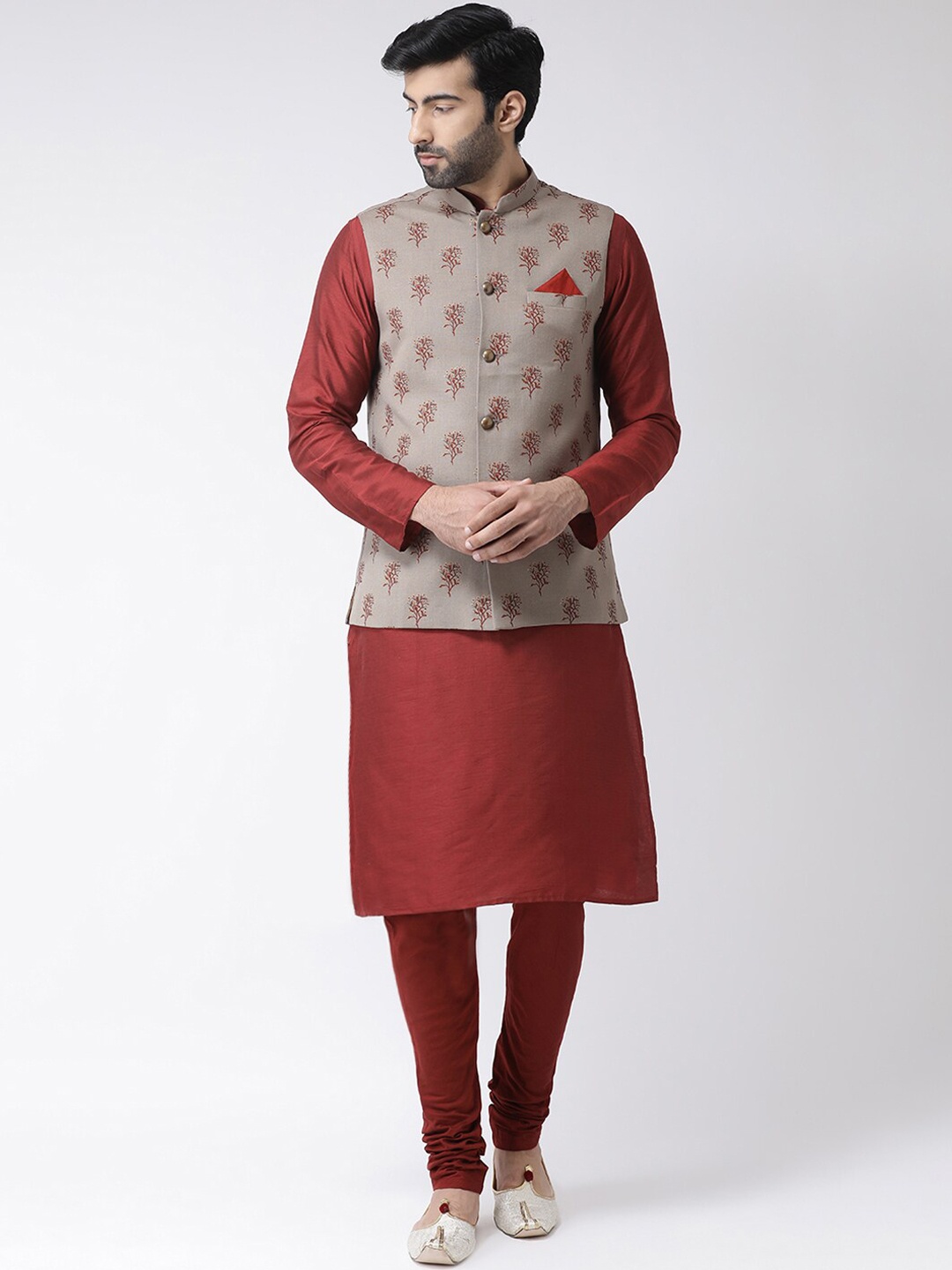 

KISAH Mandarin Collar Regular Straight Kurta With Churidar & Nehru Jacket, Maroon