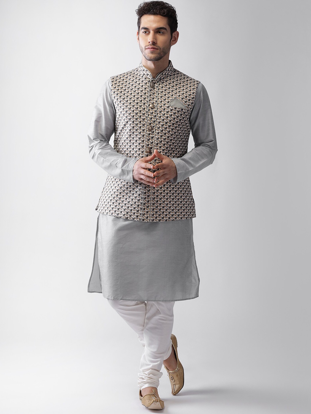 

KISAH Mandarin Collar Pure Cotton Kurta with Churidar with Printed Nehru Jacket, Grey