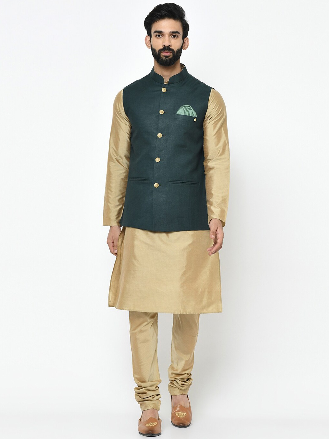 

KISAH Mandarin Collar Regular Straight Kurta With Churidar & Nehru Jacket, Green