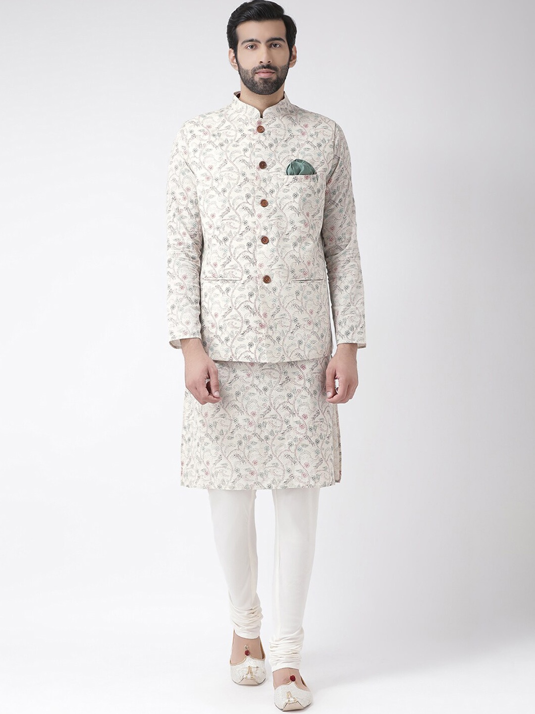 

KISAH Men Kantha Printed Regular Fit Kurta Jacket Churidar Set, White