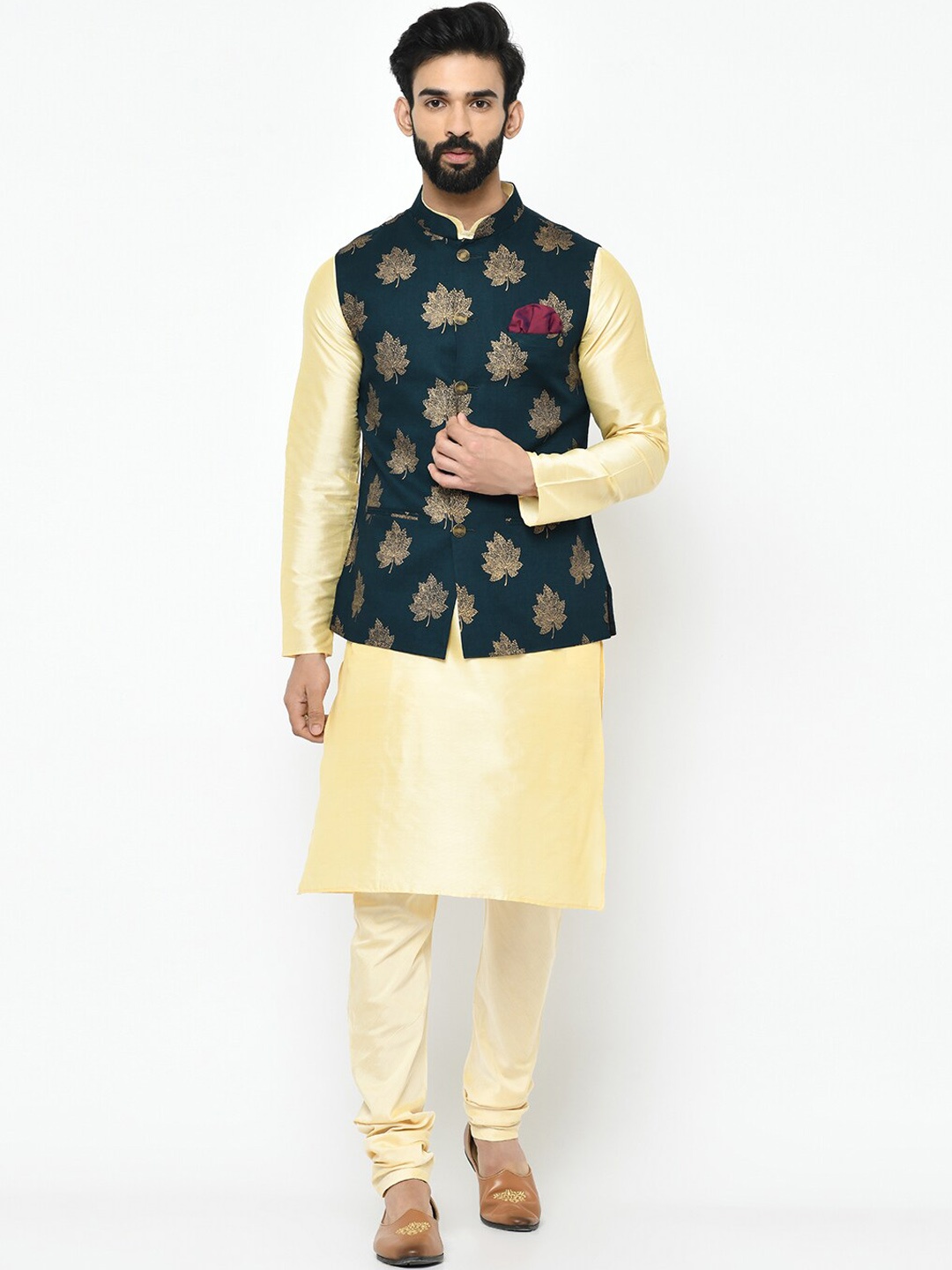 

KISAH Mandarin Collar Regular Kurta with Churidar with Printed Nehru Jacket, Gold