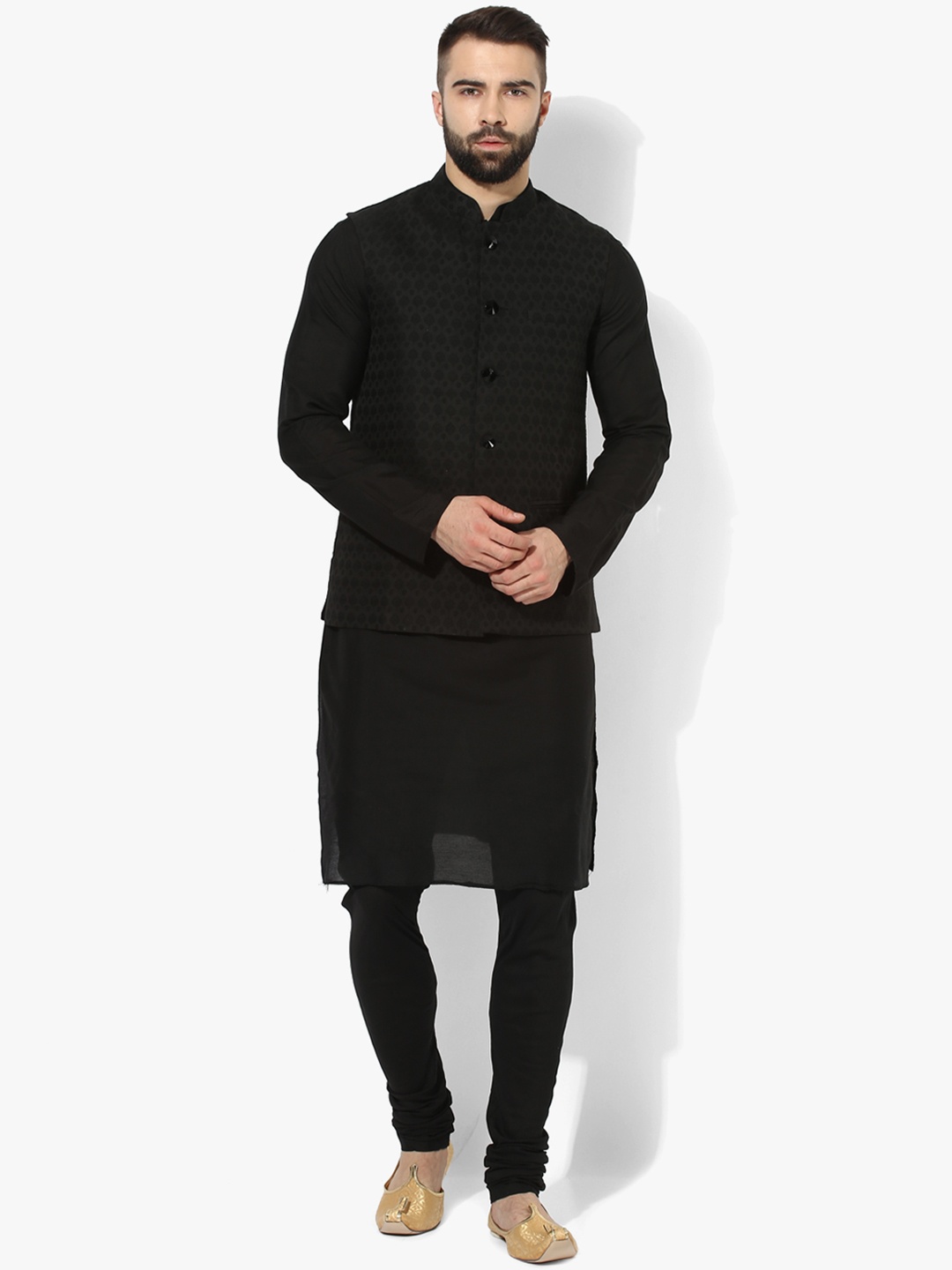 

KISAH Men Textured Regular Fit Woven Kurta Jacket Churidar Set, Black