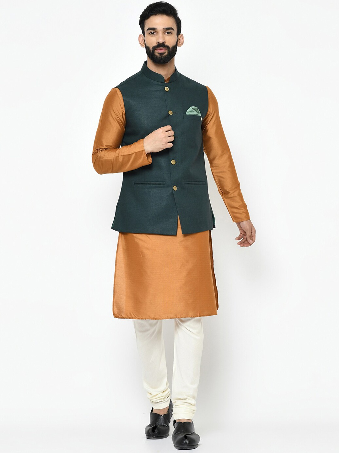 

KISAH Mandarin Collar Kurta with Churidar with Nehru Jacket, Green