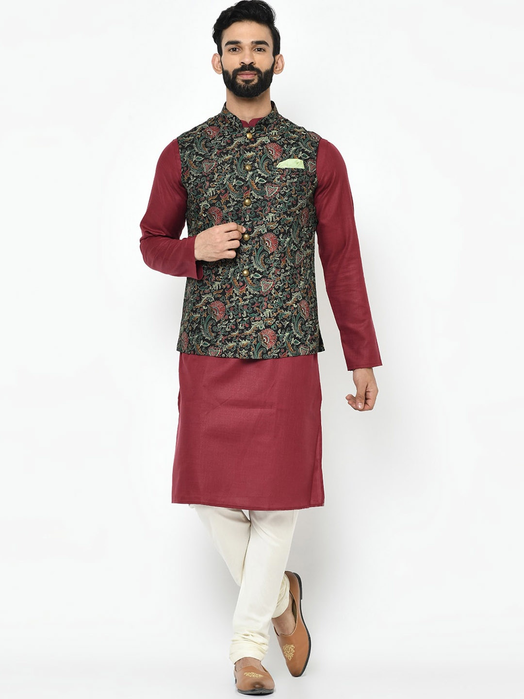 

KISAH Mandarin Collar Regular Straight Kurta With Churidar & Nehru Jacket, Red
