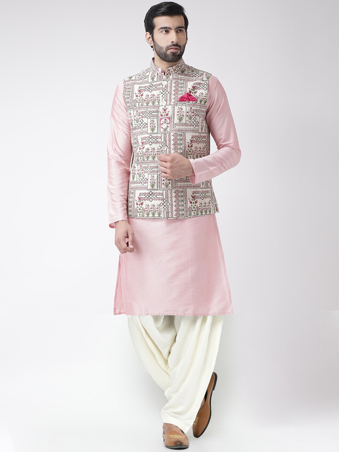 

KISAH Men Regular Fit Printed Kurta Jacket Patiyala Set, White