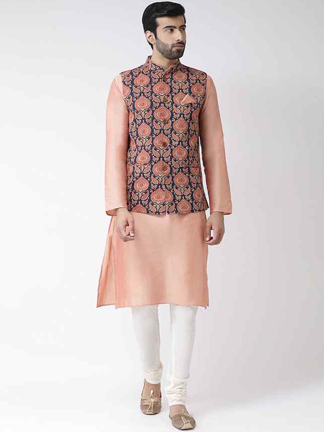 

KISAH Mandarin Collar Regular Straight Kurta With Churidar & Nehru Jacket, Peach