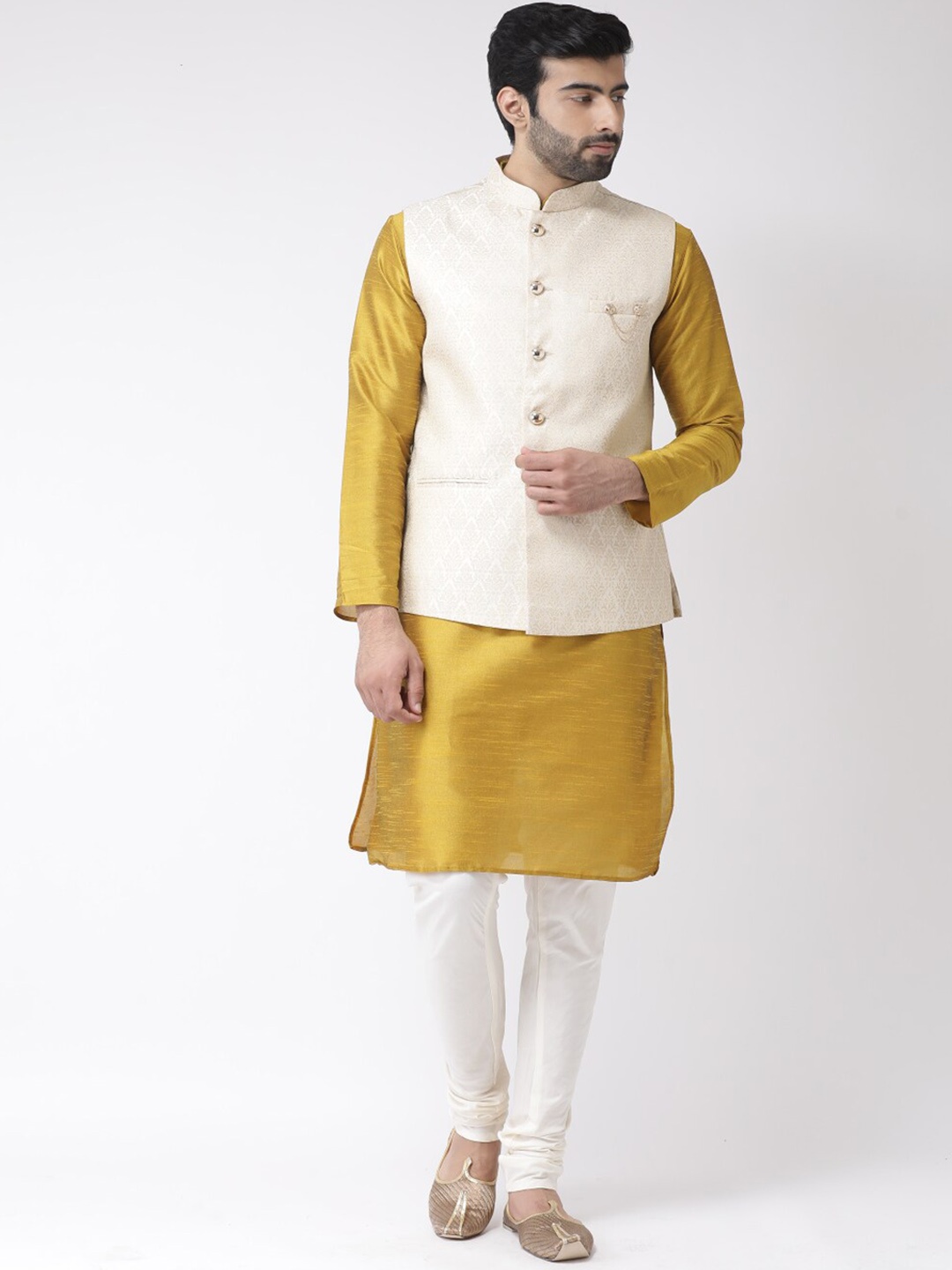 

KISAH Mandarin Collar Regular Kurta with Churidar with Woven Design Nehru Jacket, Cream