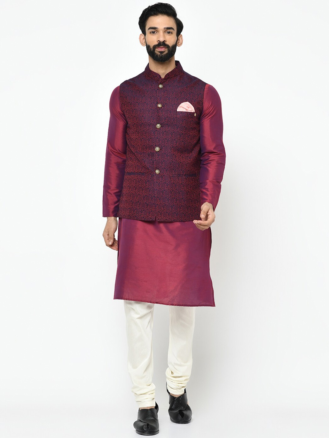 

KISAH Mandarin Collar Regular Straight Kurta With Churidar & Nehru Jacket, Maroon